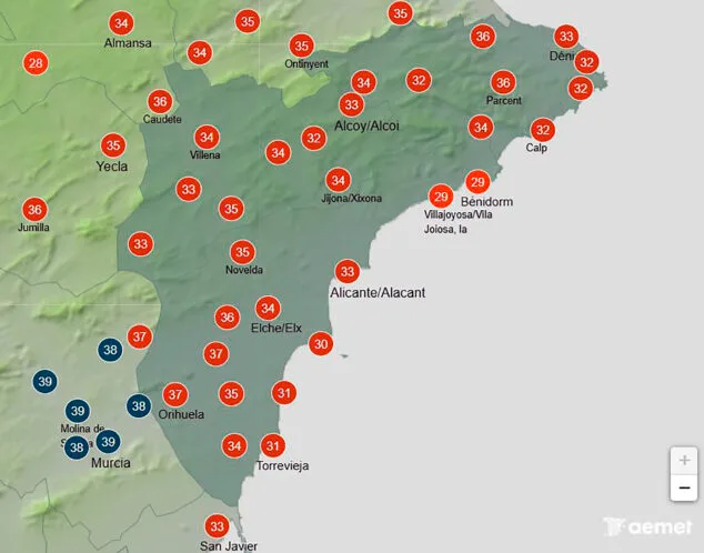 mapa de temperaturas maximas en alicante el martes 12 de agosto 2025 aemet