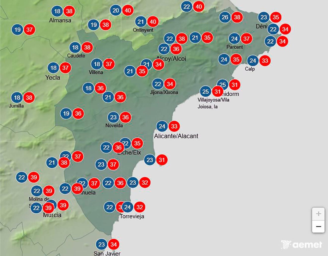 Mapa de temperaturas máximas y mínimas en Alicante el sábado 16 de agosto 2025 - AEMET