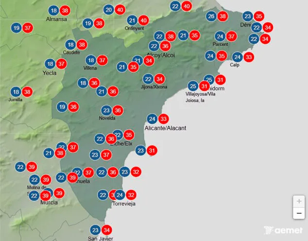 mapa de temperaturas maximas y minimas en alicante el sabado 16 de agosto 2025 aemet