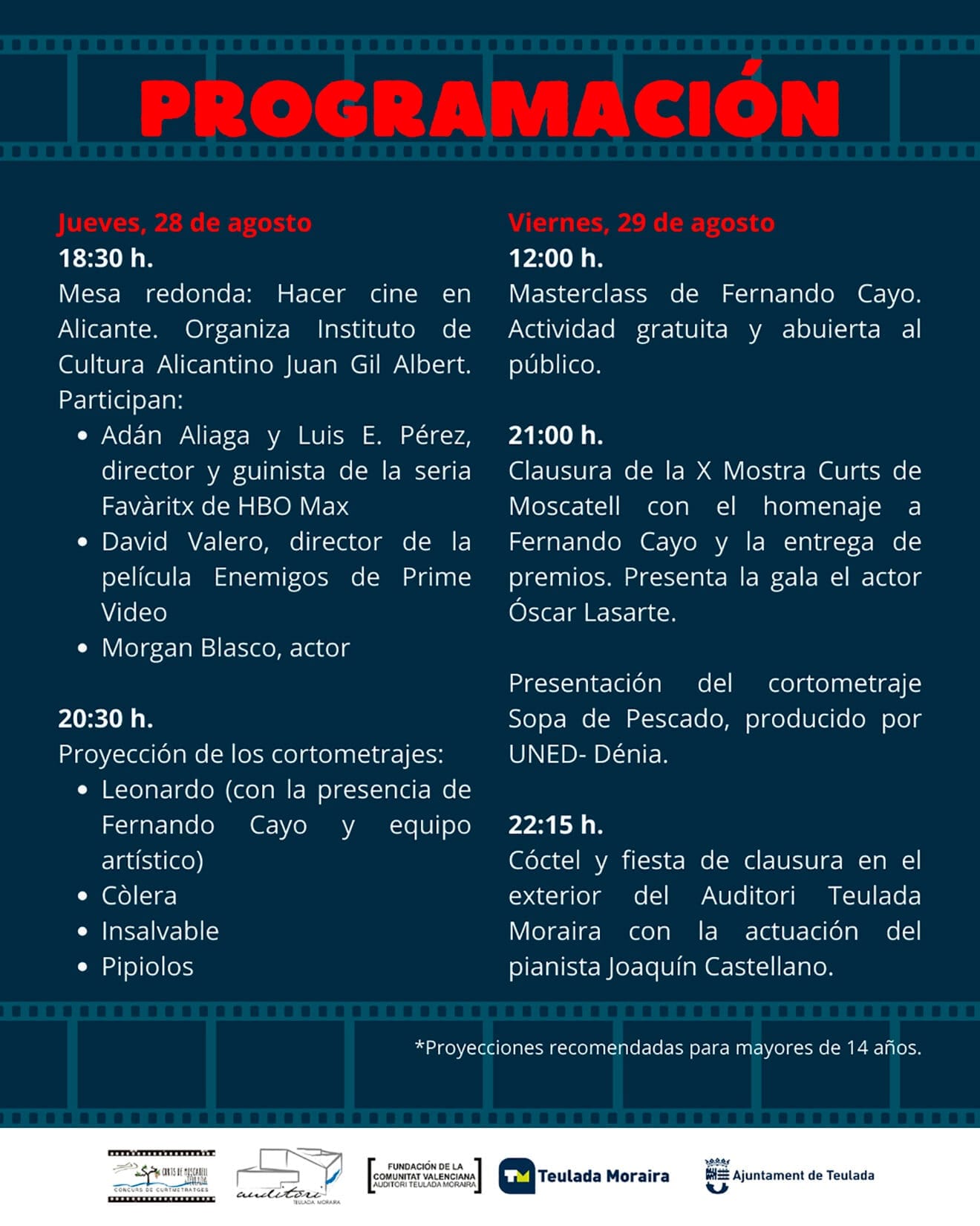Programación 28 y 29 de agosto de la X Mostra Curts de Moscatell de Teulada Moraira