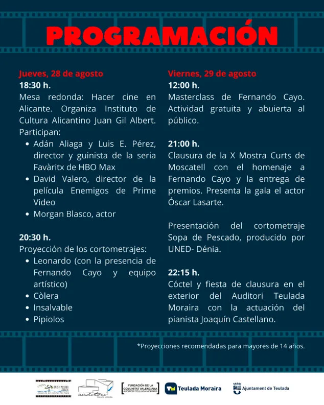 programacion 28 y 29 de agosto de la x mostra curts de moscatell de teulada moraira