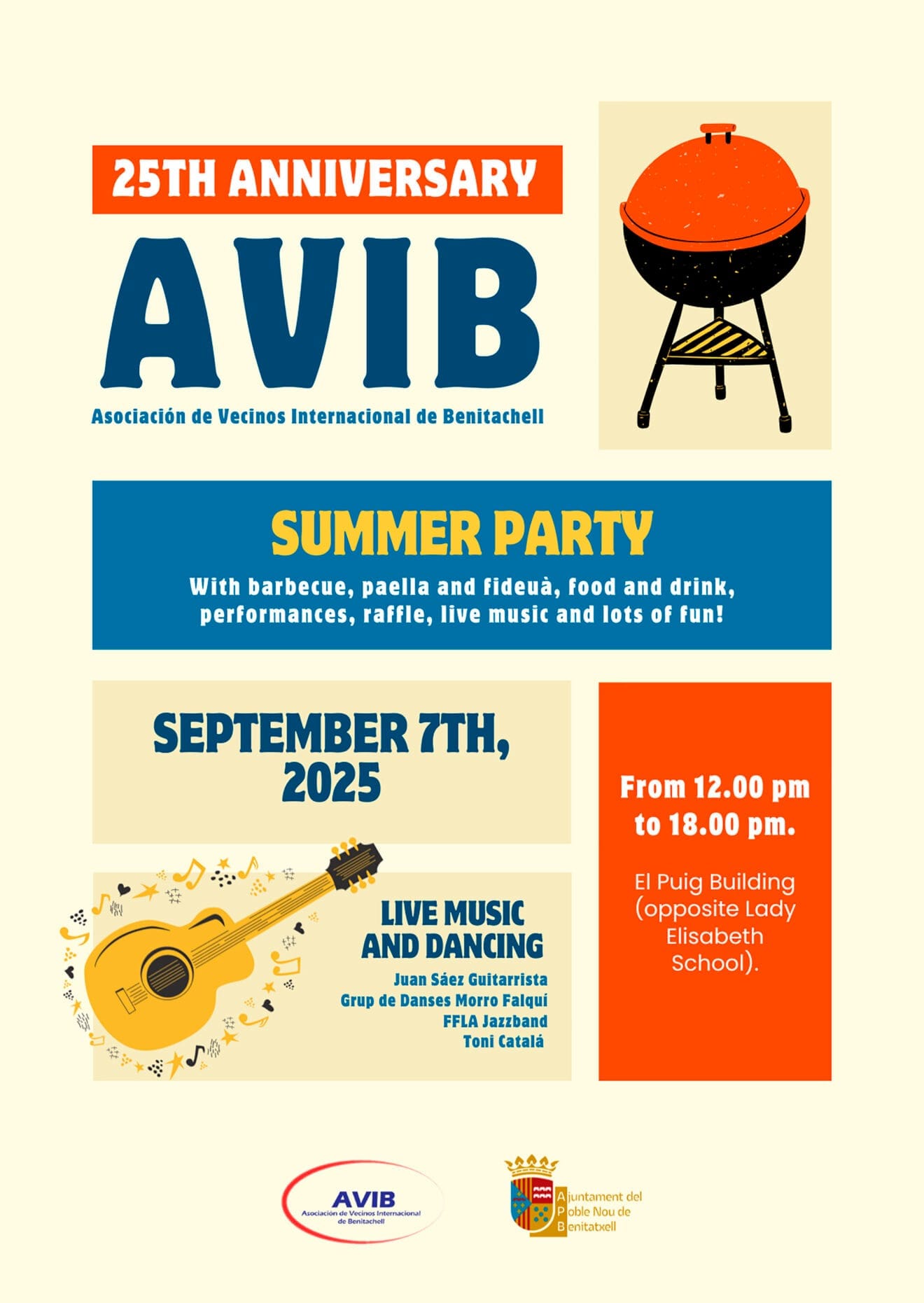 Cartel de la fiesta de verano de la Asociación de Vecinos Internacional de Benitatxell (inglés)