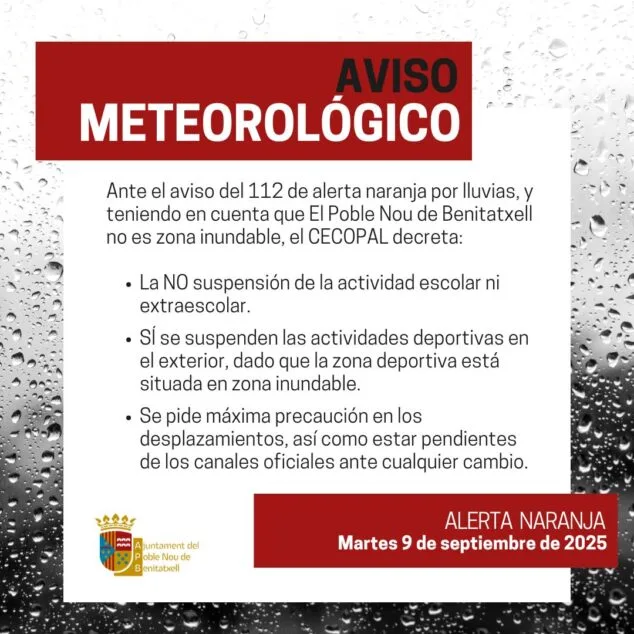 Benitatxell mantiene la actividad escolar pero suspende el deporte al aire libre por alerta naranja 2 Imagen: Comunicado El Poble Nou de Benitatxell