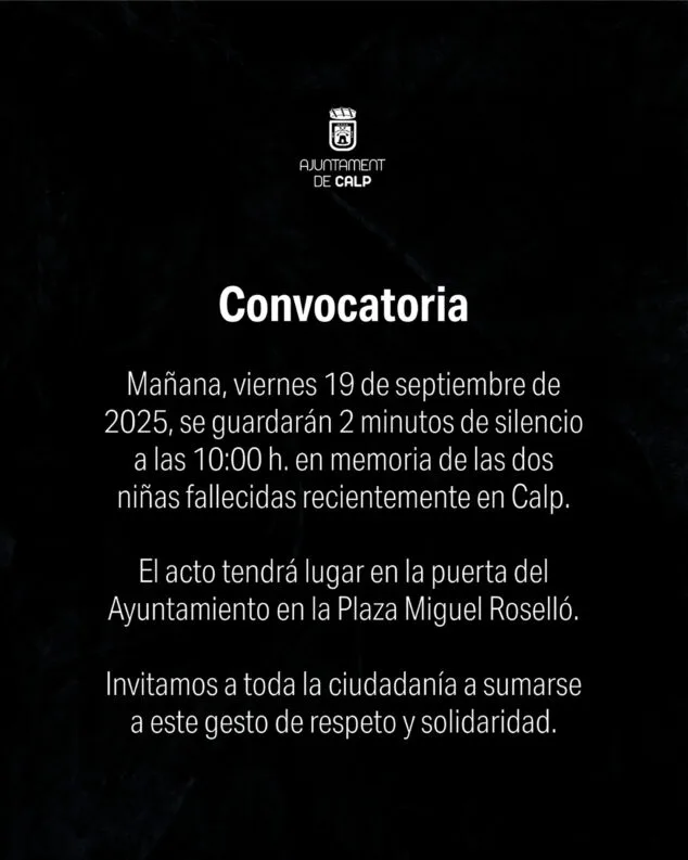 Imagen: Convocatoria del Ayuntamiento de Calp a los dos minutos de silencio por las niñas fallecidas