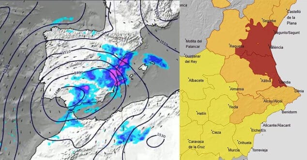 la marina alta en aviso naranja de la aemet por riesgo importante de precipitacion y el litoral sur de valencia en rojo