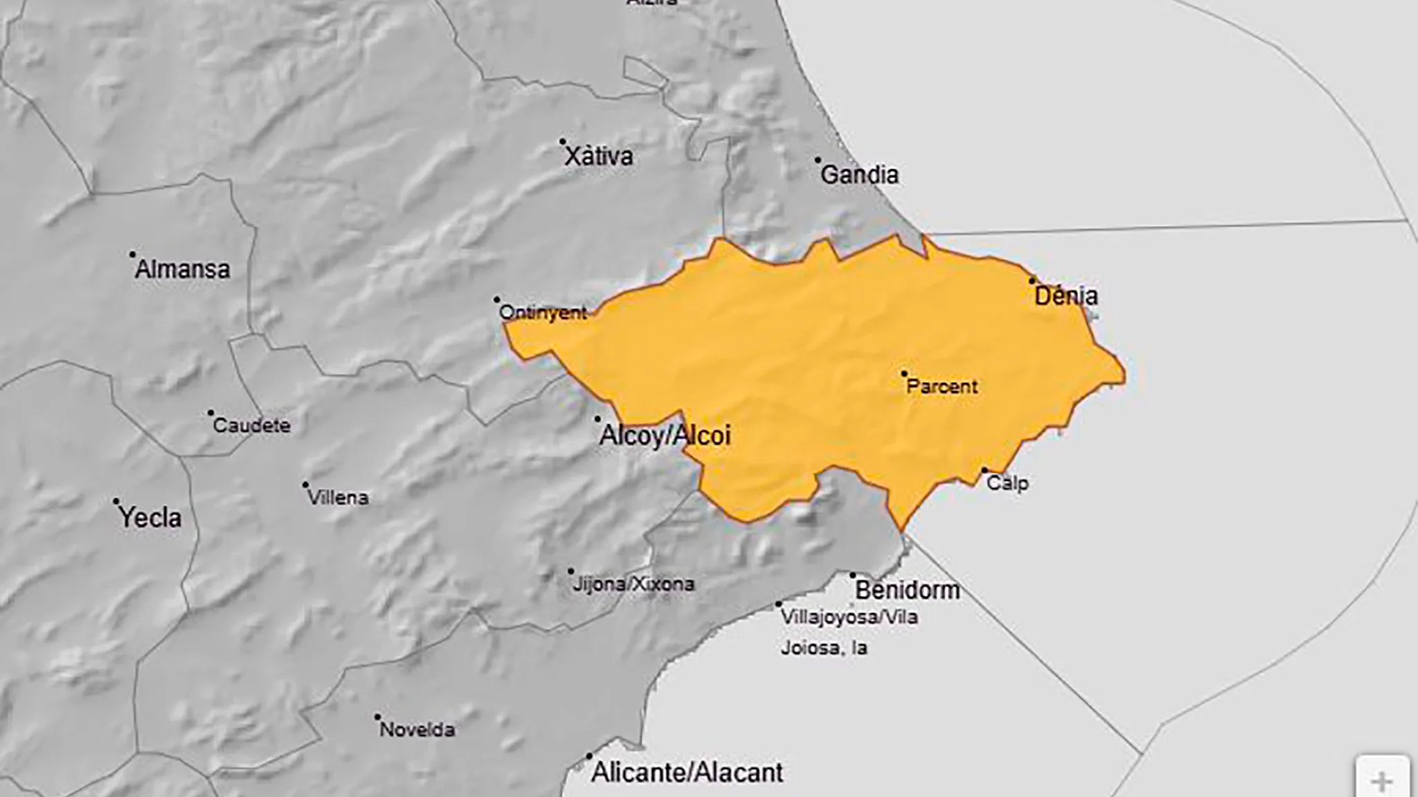 mapa de avisos activos de la aemet el martes 30 de septiembre de 2025 en el litoral norte de alicante