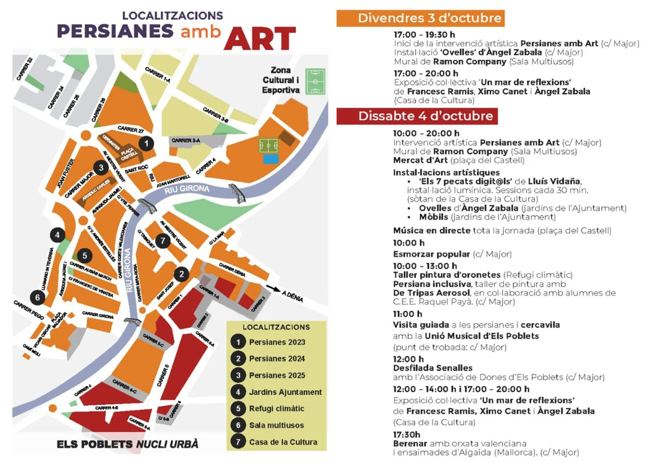 Mapa y programa de la tercera edición de 'Persianes amb Art' en Els Poblets