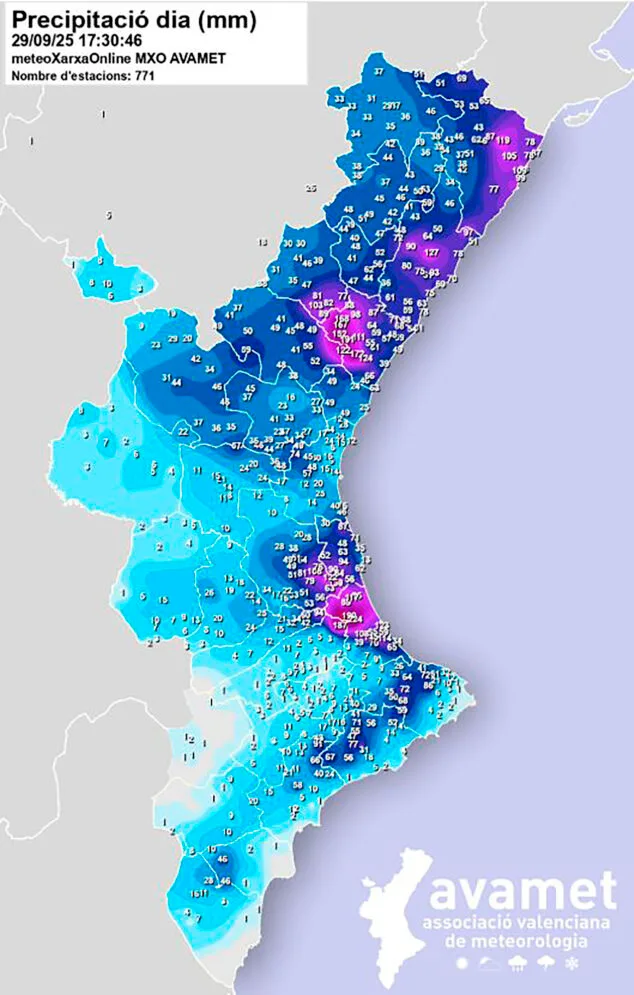 Imagen: Precipitación acumulada en la Comunitat Valenciana el 29 septiembre 2025 - AVAMET