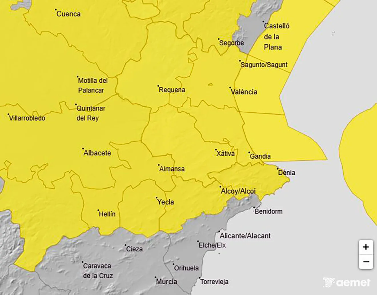 Avisos activos de la AEMET en la Comunitat Valenciana el jueves 23 octubre 2025