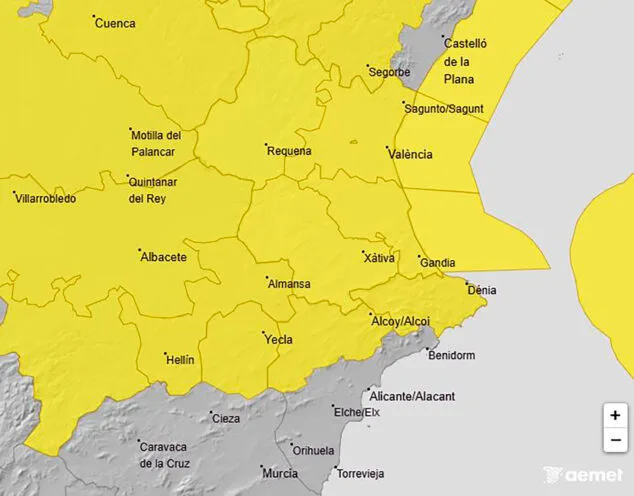 Imagen: Avisos activos de la AEMET en la Comunitat Valenciana el jueves 23 octubre 2025