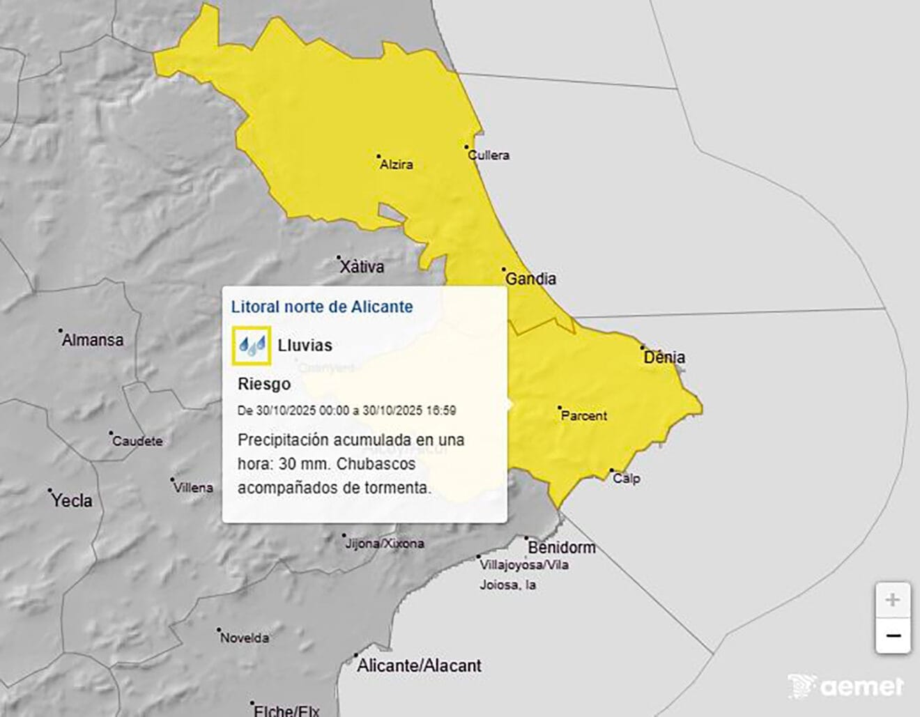 Mapa de avisos activos de la AEMET el jueves 30 octubre 2025 en la Comunitat Valenciana
