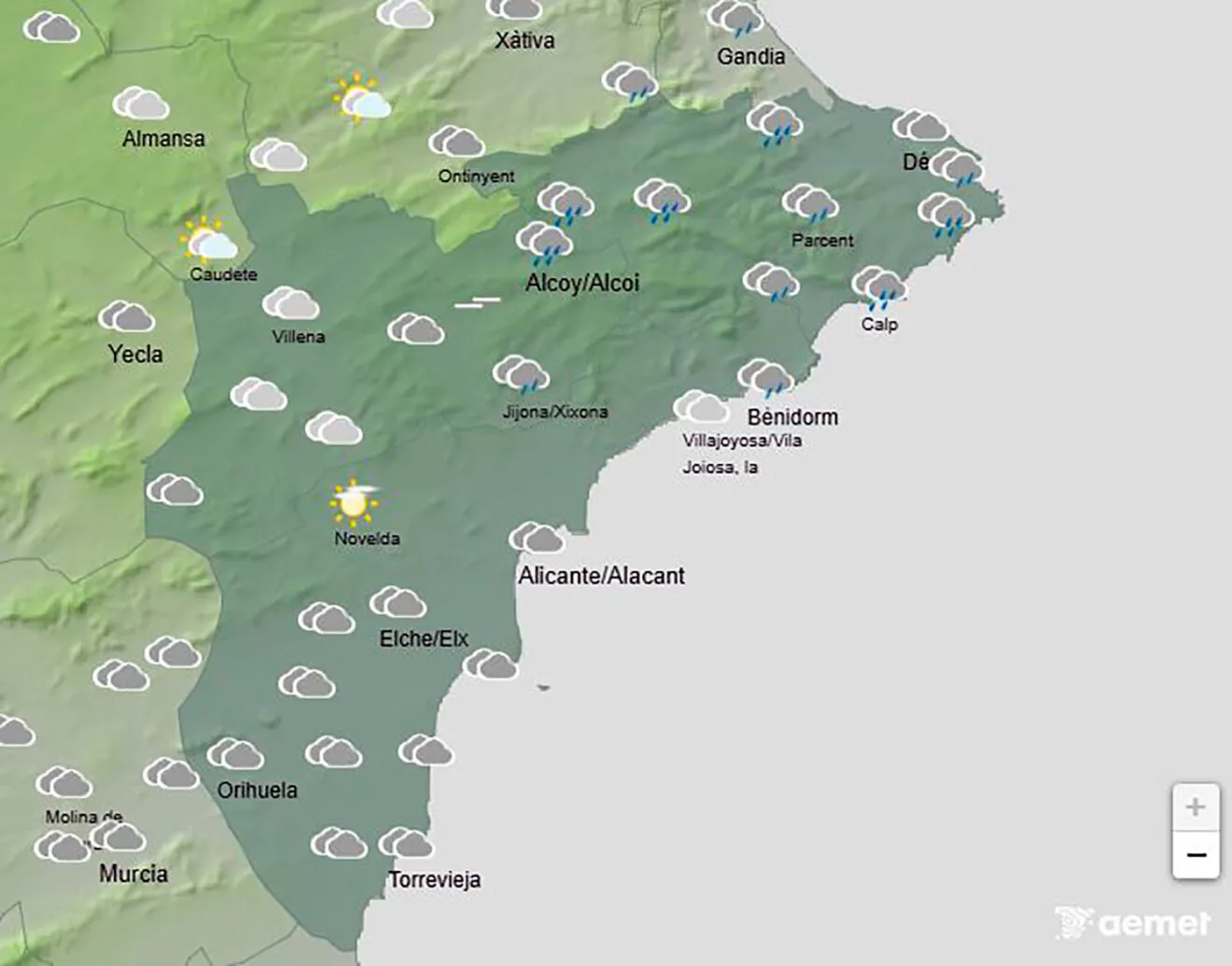 Mapa de predicción de la AEMET en Alicante para el jueves 30 octubre 2025 a las 10.00 horas