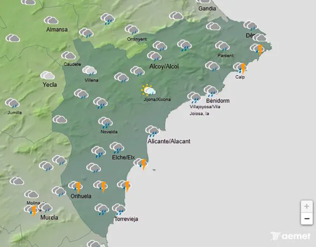 La AEMET amplía el aviso naranja en la Marina Alta: cómo será la futura DANA Alice y hasta cuándo durará 3 Imagen: Predicción de la AEMET para Alicante el jueves 9 de octubre 2025 a las 15.00 horas