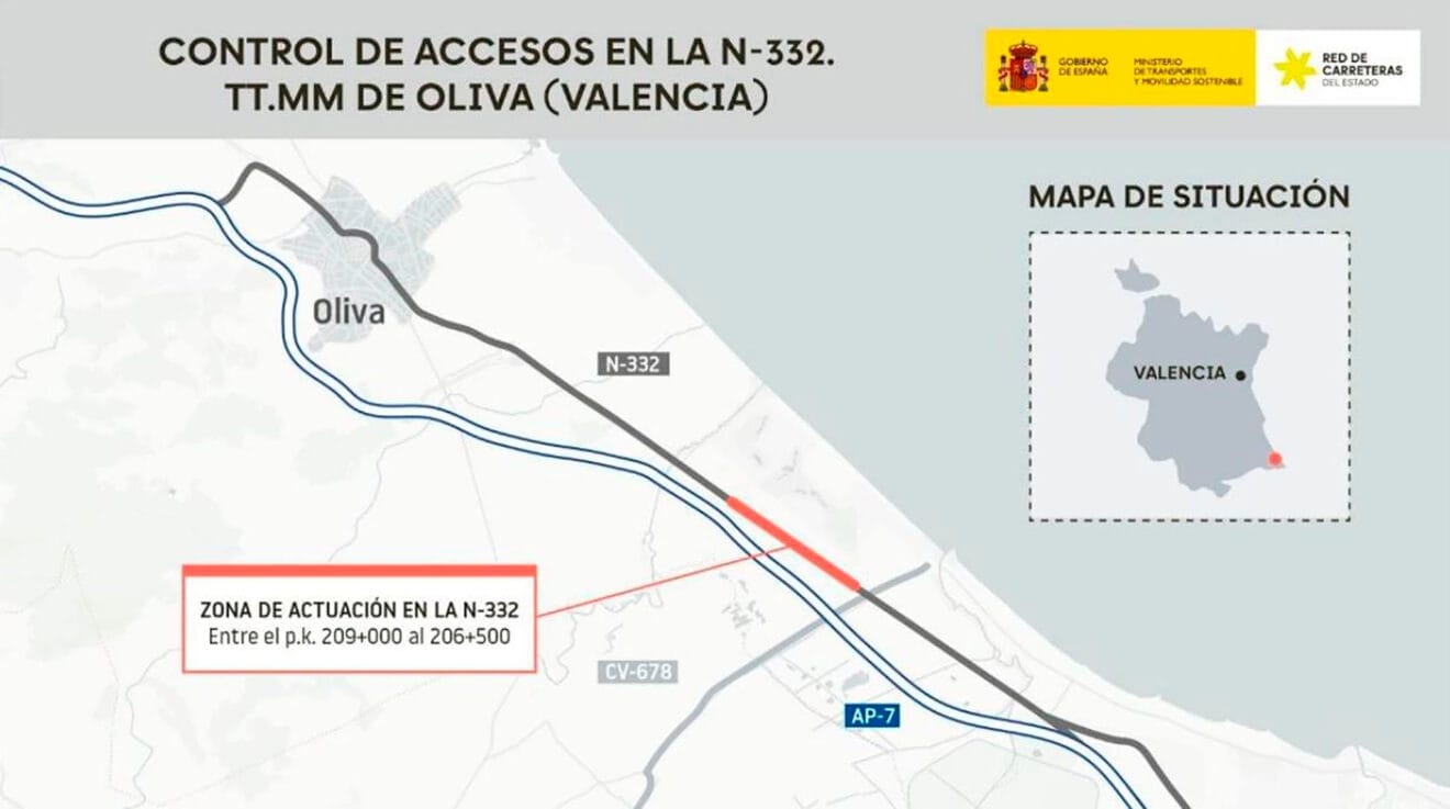 Zona de actuación en la N-332 en el cruce entre Oliva y Pego