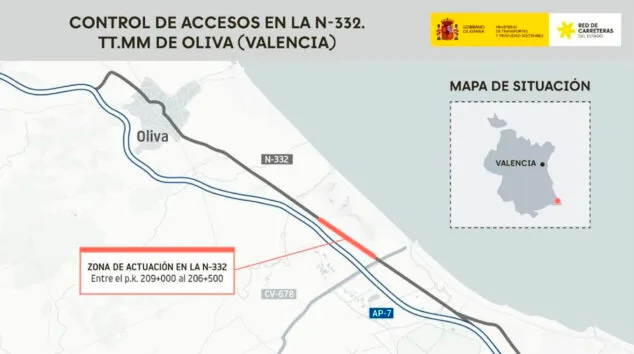 Imagen: Zona de actuación en la N-332 en el cruce entre Oliva y Pego