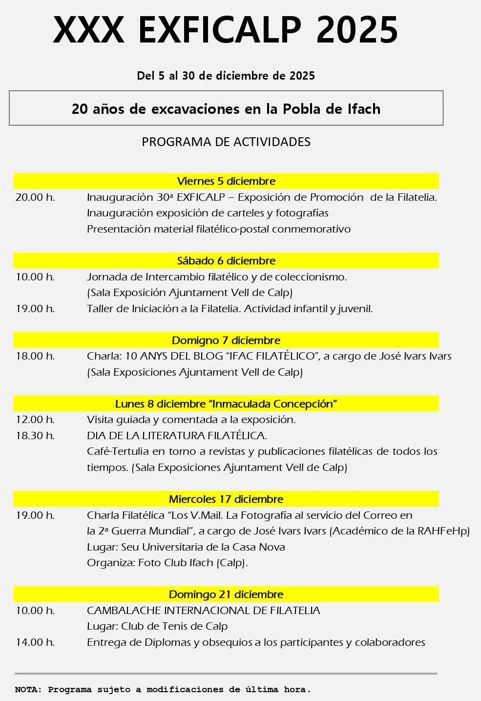 Programa de actividades XXX EXFICALP 2025