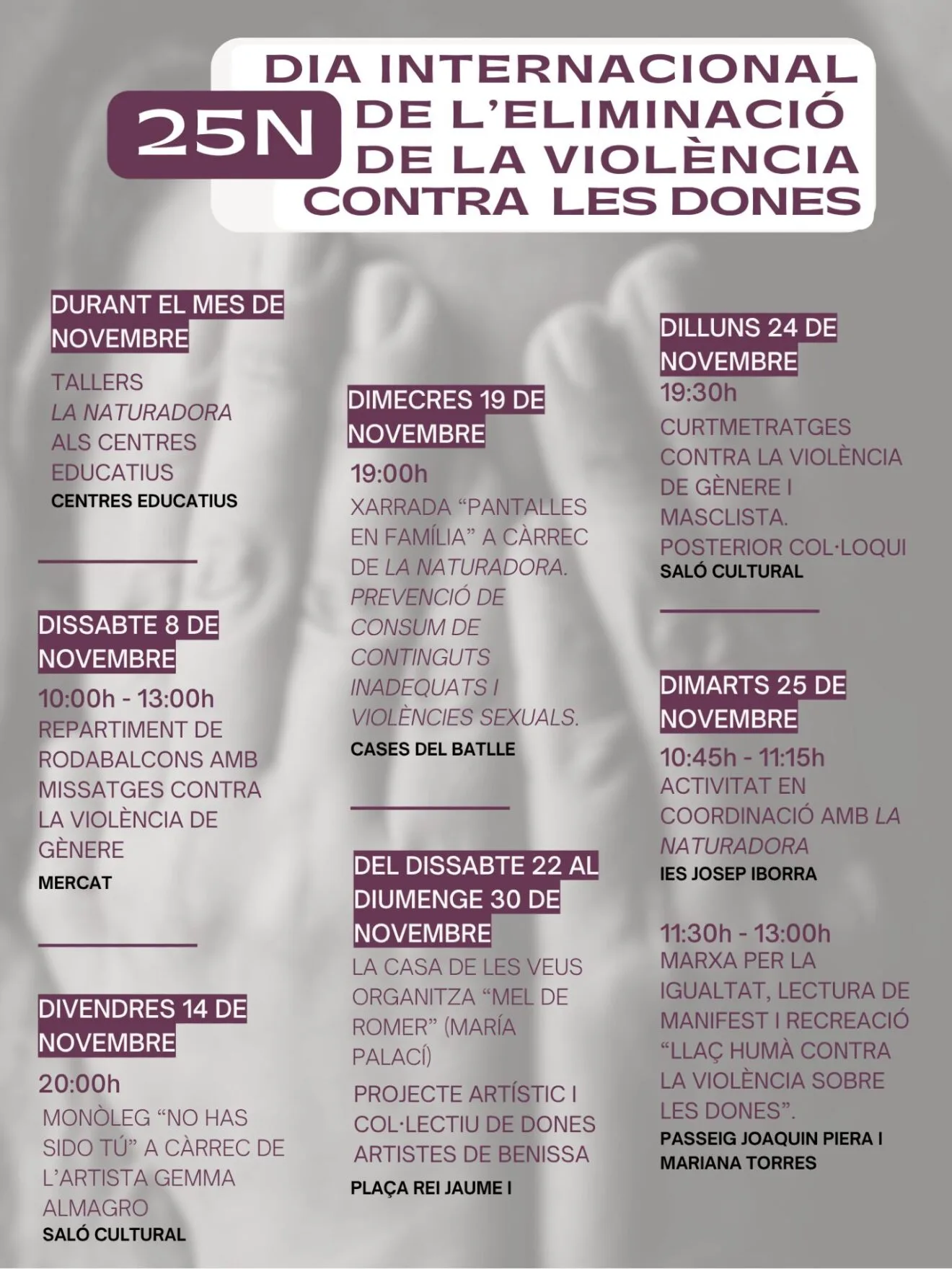 Benissa organiza una serie de eventos educativos y culturales para conmemorar el Día contra la Violencia de Género