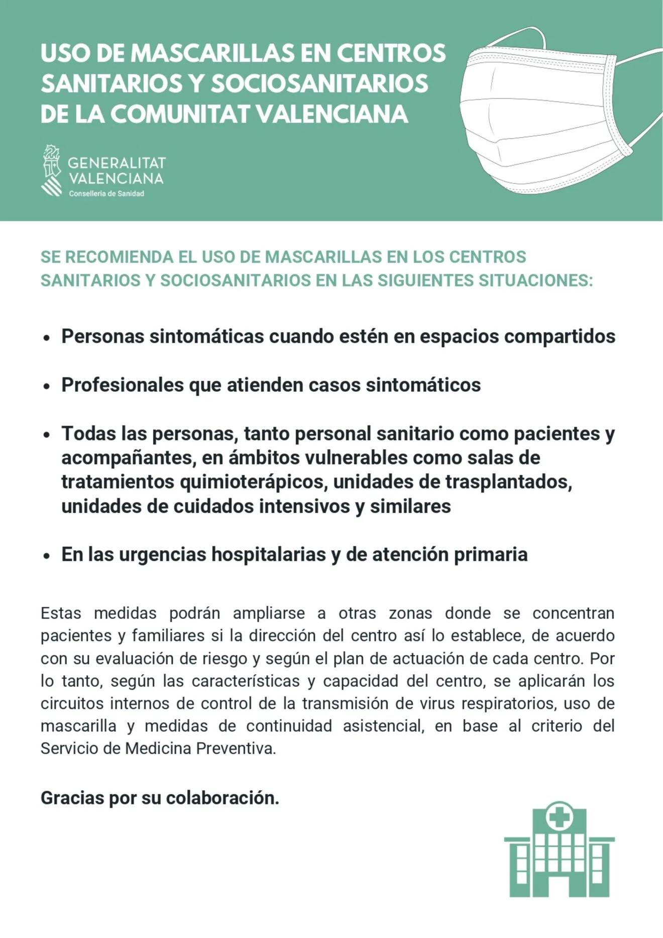 Cartel de la Conselleria sobre el uso de las mascarillas en centros sanitarios