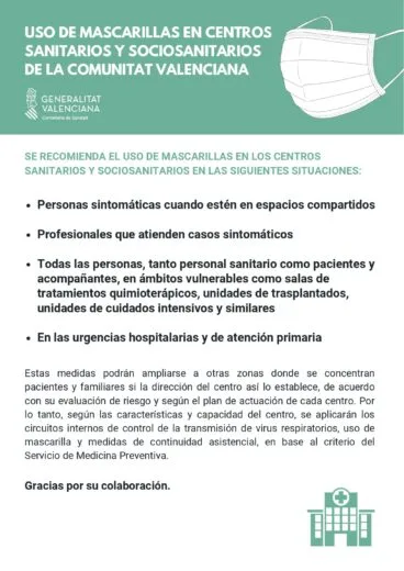 Cartel de la Conselleria sobre el uso de las mascarillas en centros sanitarios