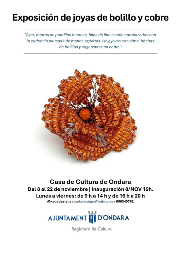 Ondara acoge una muestra que reinventa el encaje de bolillos en cobre 1 Imagen: Exposición de joyas de bolillo y cobre en Ondara