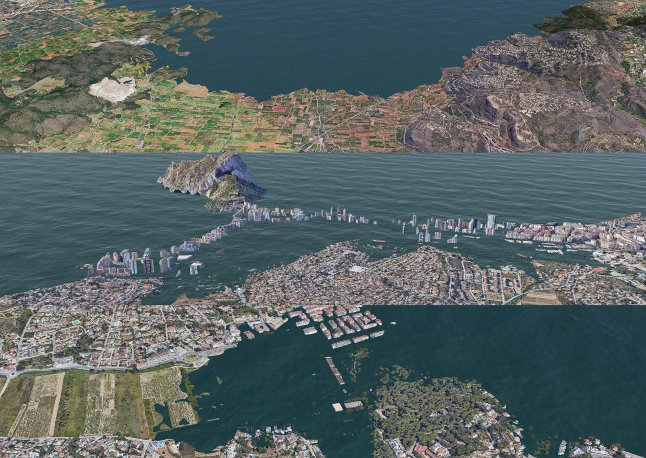 La Marjal, Calp y Moraira con 10 metros de subida del nivel del mar - Imagen de Sea Level Rise 3D Map