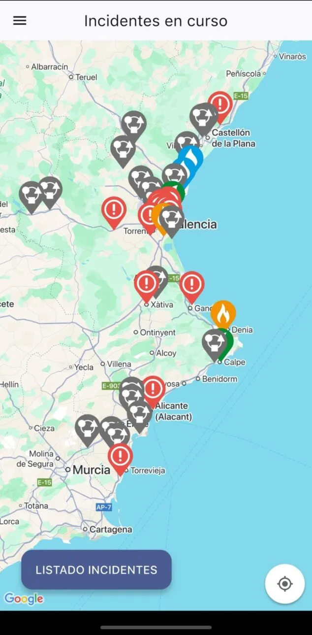 Imagen: Listado incidentes en la Comunitat Valenciana a través de la app 112CV