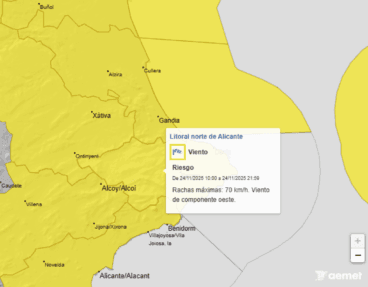 El viento azota la Marina Alta con rachas de hasta 70 km/h y dispara las alertas 6 mapa de aviso amarillo por rachas de viento en la marina alta el lunes 24 de noviembre 2025 aemet