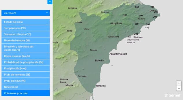Imagen: Mapa de predicción de la AEMET de la cota de nieve en Alicante para el viernes 21 noviembre 2025 entre las 06.00 y las 12.00 horas