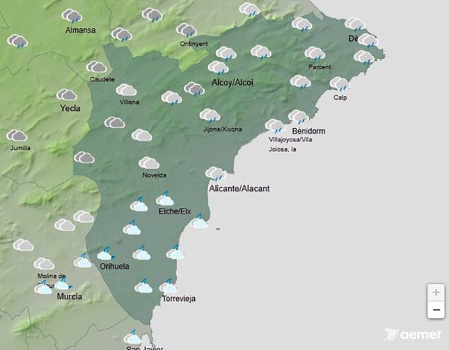 ¿Se marcha la masa de aire ártico? Cuánto durará el desplome de las temperaturas en la Marina Alta 1 Imagen: Mapa de predicción de la AEMET en Alicante para el lunes 24 de noviembre 2025 entre las 18.00 y las 24.00 horas