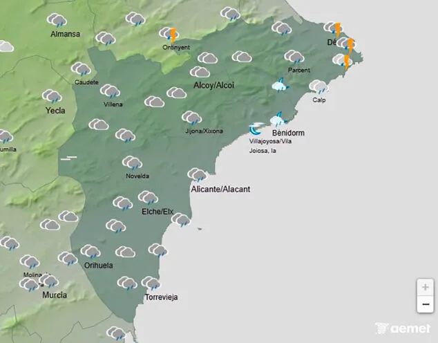 Imagen: Mapa de predicción de la AEMET en Alicante para el sábado 15 de noviembre 2025 a las 23.00 horas