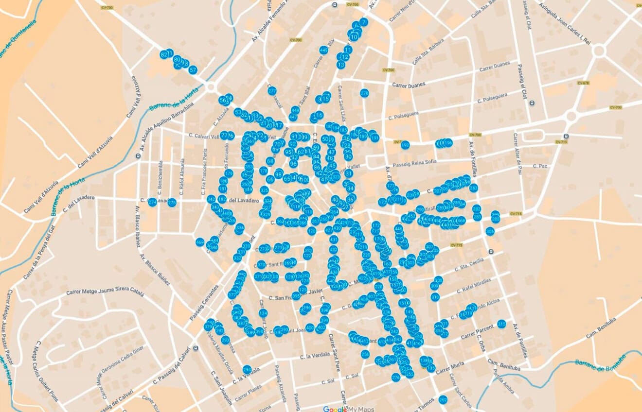 Mapa de las caras del agua de Pego elaborado por Victòria Carrió Roldán