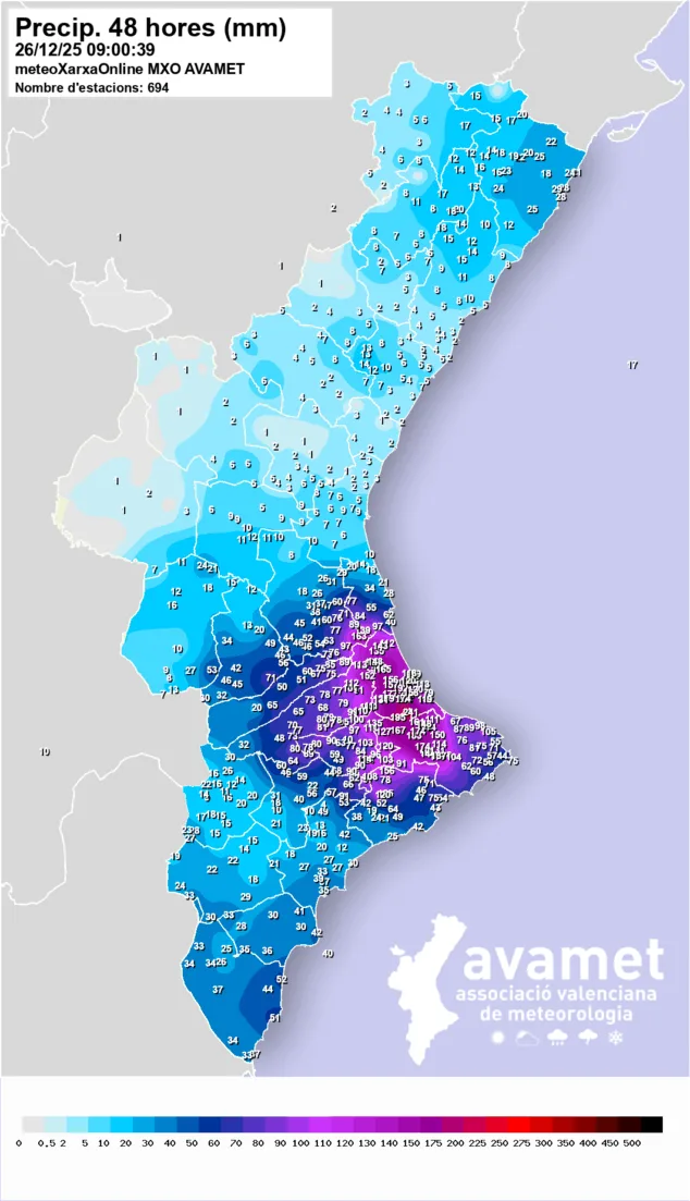 Una localidad de la Marina Alta registra más de 200 l/m2 de precipitación en 48 horas 1 Imagen: Mapa de precipitación acumulada en 48 horas a 26 de diciembre de 2025 en la Comunitat Valenciana - AVAMET