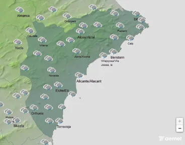 Mapa de predicción de la AEMET en Alicante para el domingo 21 de diciembre 2025 a las 19.00 horas