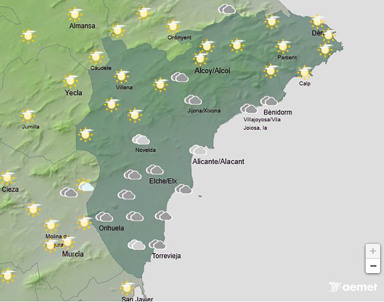 Mapa de predicción de la AEMET en Alicante para el jueves 1 enero 2026 a las 15.00 horas