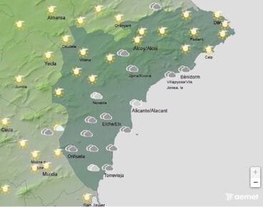 Mapa de predicción de la AEMET en Alicante para el jueves 1 enero 2026 a las 15.00 horas