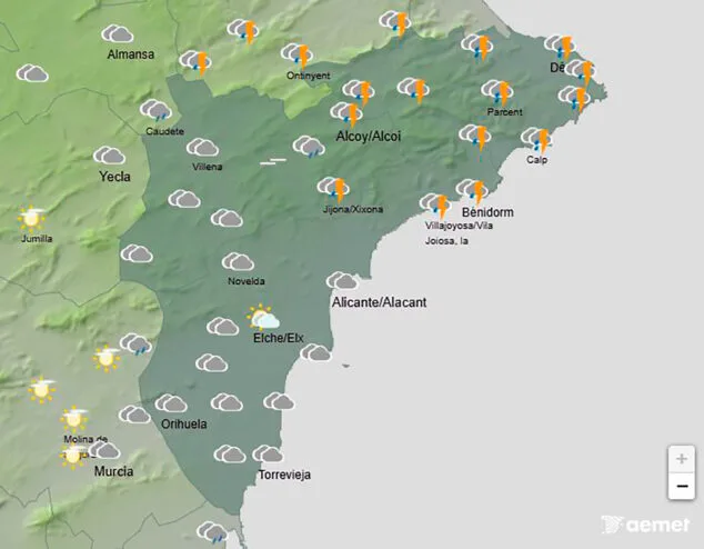 Imagen: Mapa de predicción de la AEMET en Alicante para el jueves 25 de diciembre 2025 a las 14.00 horas