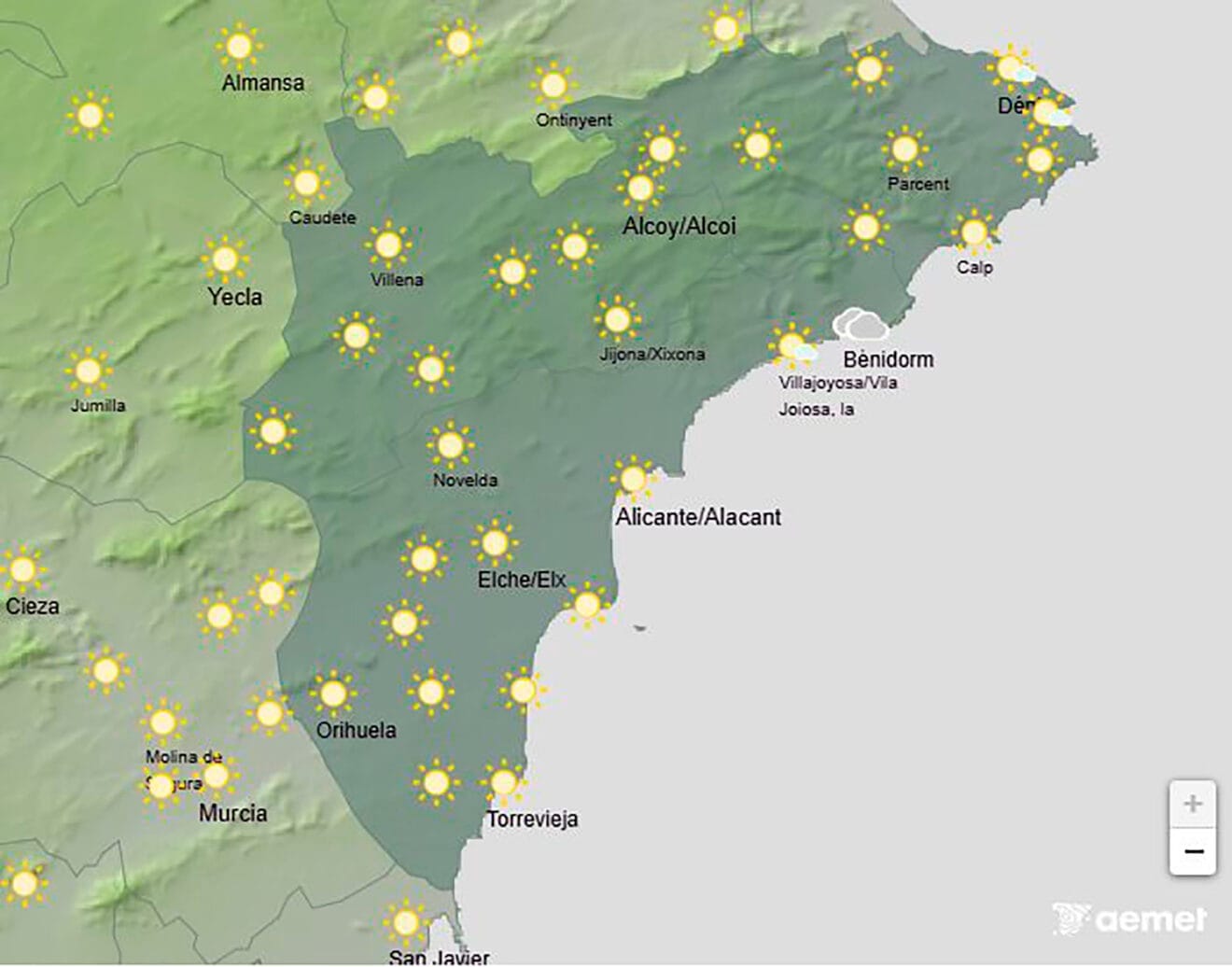 Mapa de predicción de la AEMET en Alicante para el miércoles 31 diciembre 2025 a las 13.00 horas