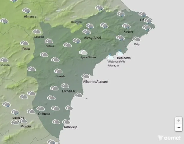 Imagen: Mapa de predicción de la AEMET en Alicante para el sábado 13 de diciembre 2025 a las 21.00 horas