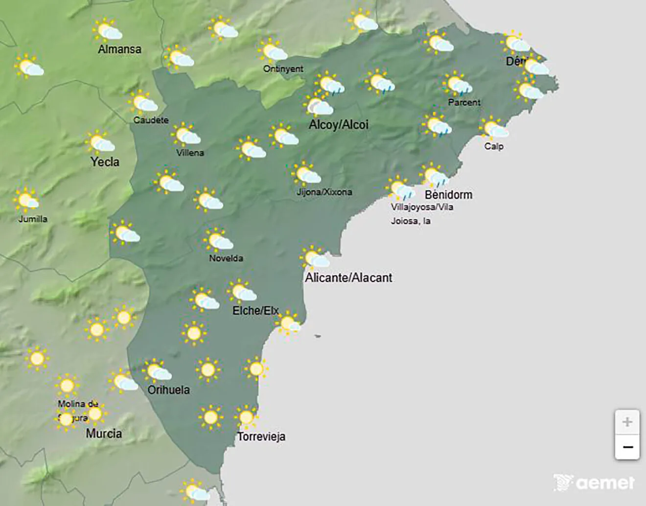 Mapa de predicción de la AEMET en Alicante para el viernes 26 de diciembre 2025 entre las 12.00 y las 18.00 horas