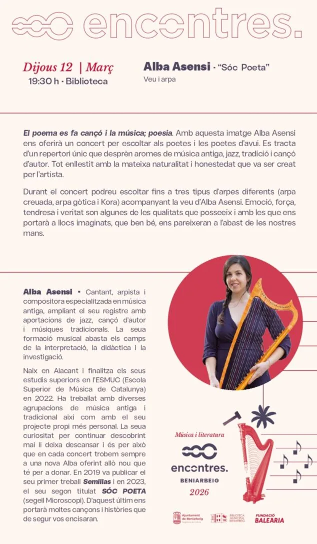 Encontres a Beniarbeig centra su edición de 2026 en la fusión entre «música y literatura» 5 Imagen: Alba Asensi presenta «Soy poeta», una propuesta que une voz, arpa y poesía