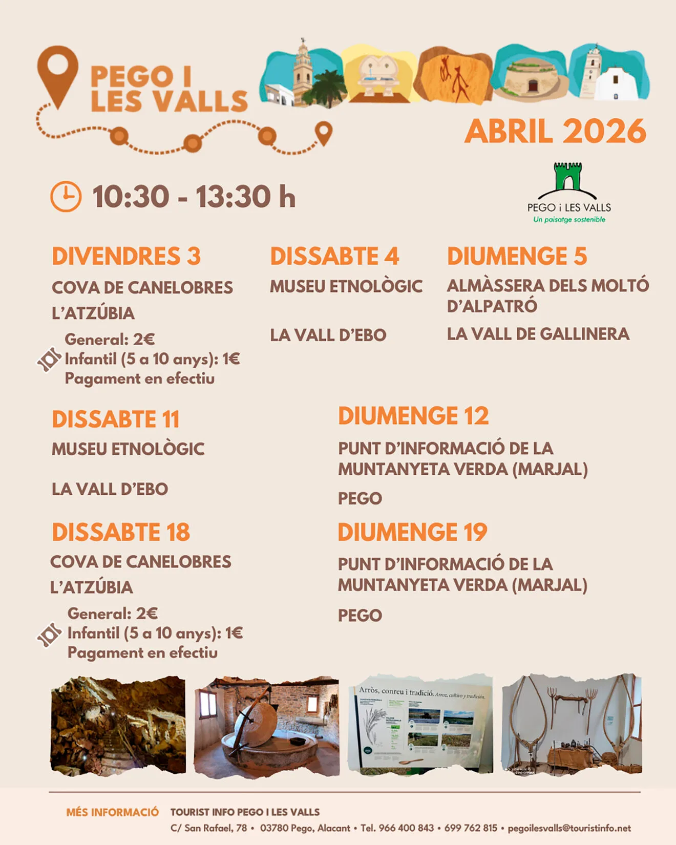Calendario de apertura de monumentos, museos y puntos de información turística de Pego i les Valls en abril