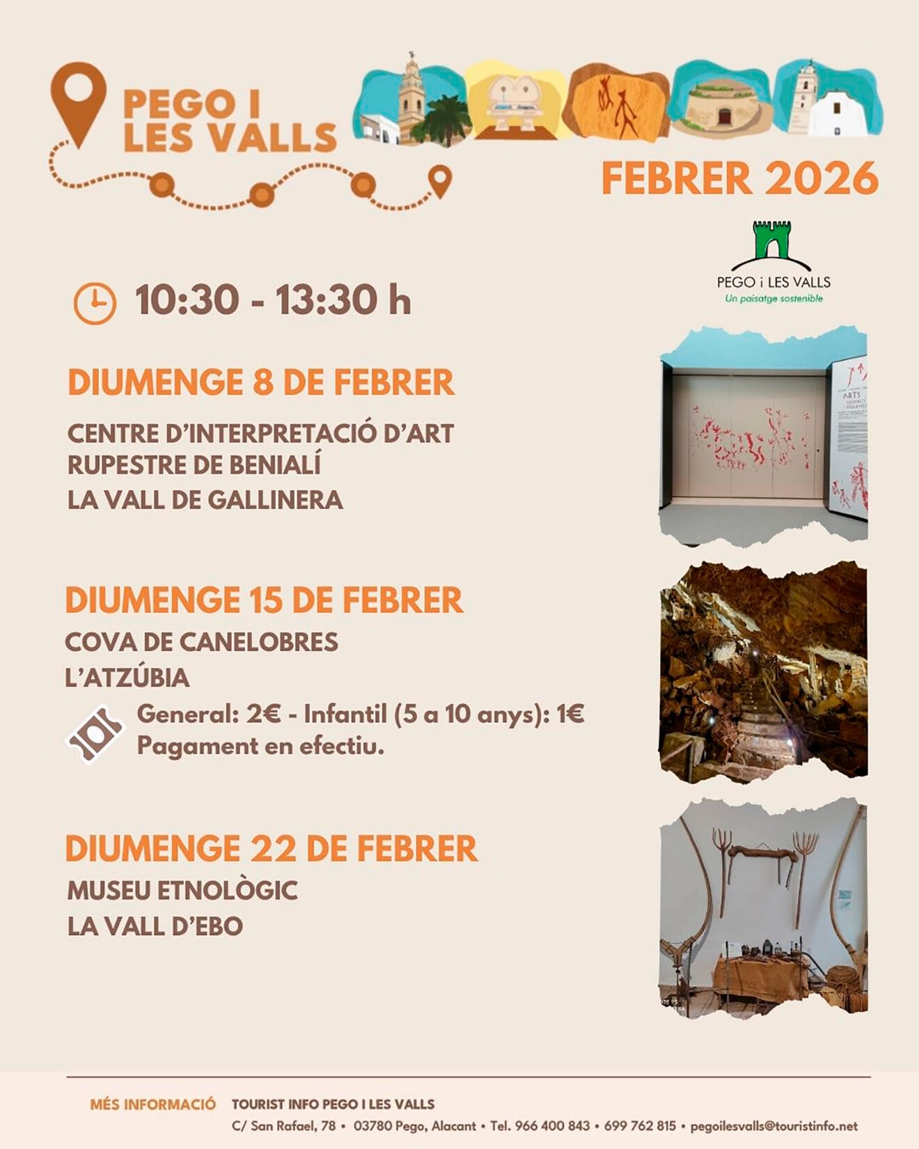 Calendario de apertura de monumentos, museos y puntos de información turística de Pego i les Valls en febrero
