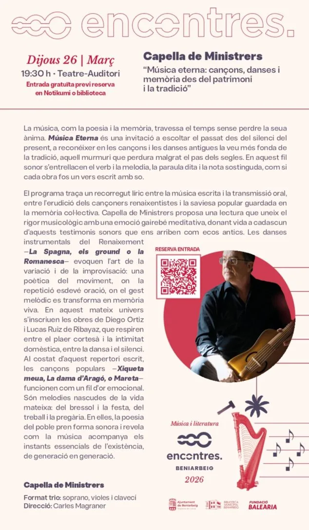 Encontres a Beniarbeig centra su edición de 2026 en la fusión entre «música y literatura» 6 Imagen: Capella de Ministrers cierra Encontres Beniarbeig 2026 con el concierto «Música eterna»