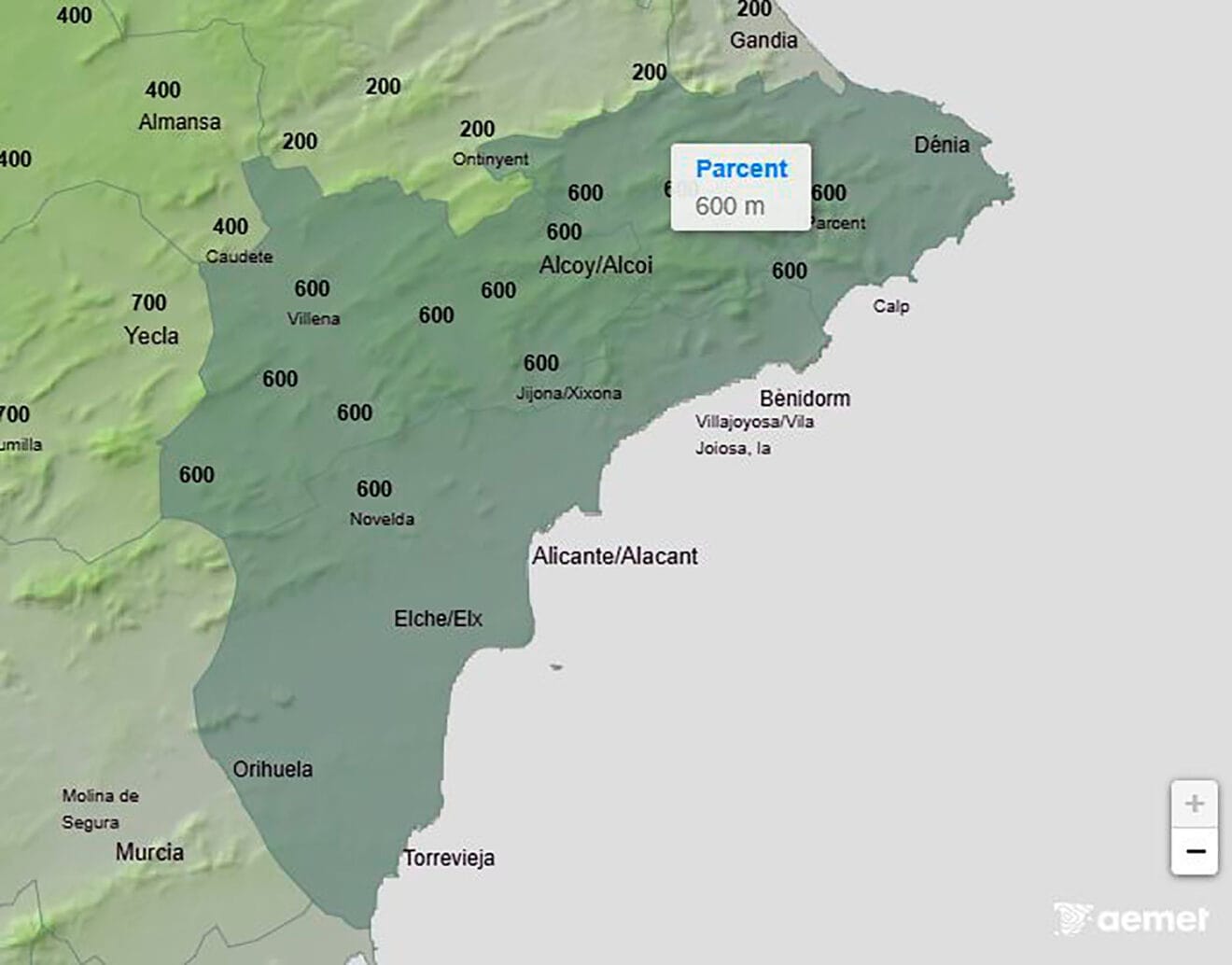 Cota de nieve el martes 6 de enero 2026 en Parcent entre el 5 y el 6 de enero 2026 - AEMET