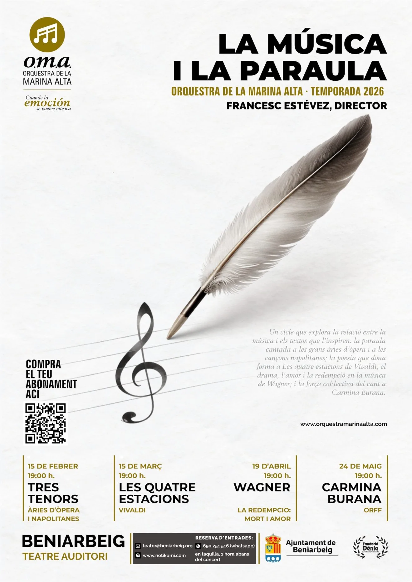 Cuatro conciertos para unir música y palabra en la Temporada 2026 de la Orquesta de la Marina Alta
