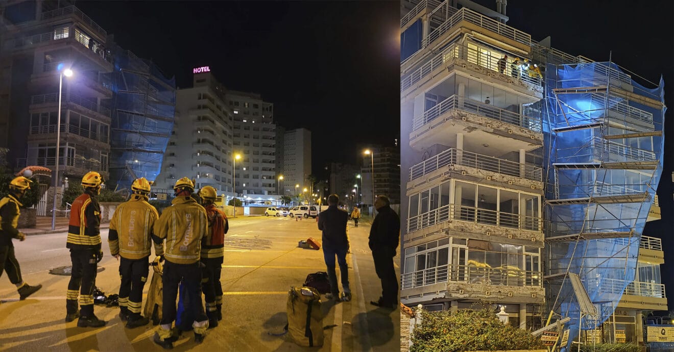 Demolición del andamio afectado por el viento en Calp