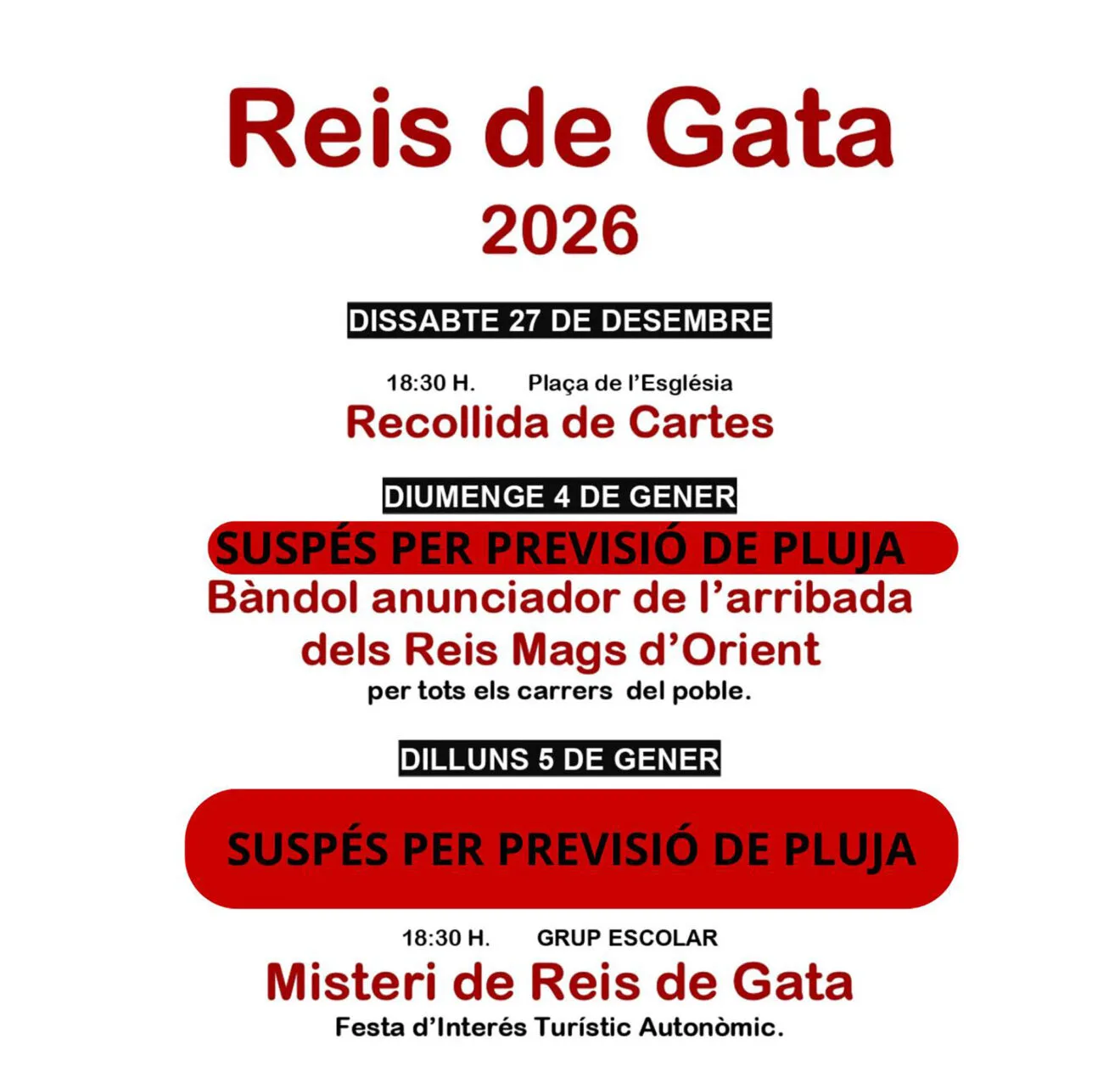 Gata suspende los actos de Reyes y el Misteri de Reis del 2026