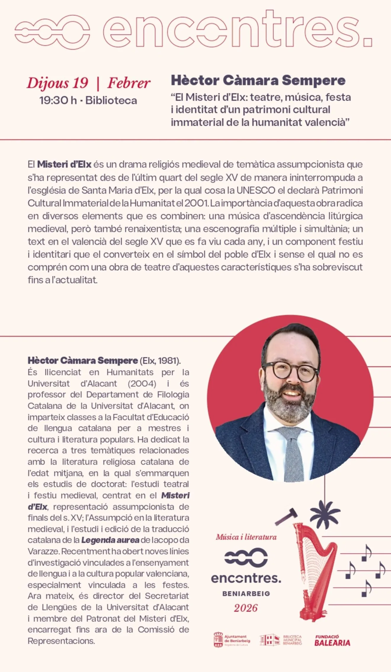 Hèctor Càmara Sempere aborda el Misteri d’Elx como patrimonio cultural inmaterial en Encontres Beniarbeig 2026