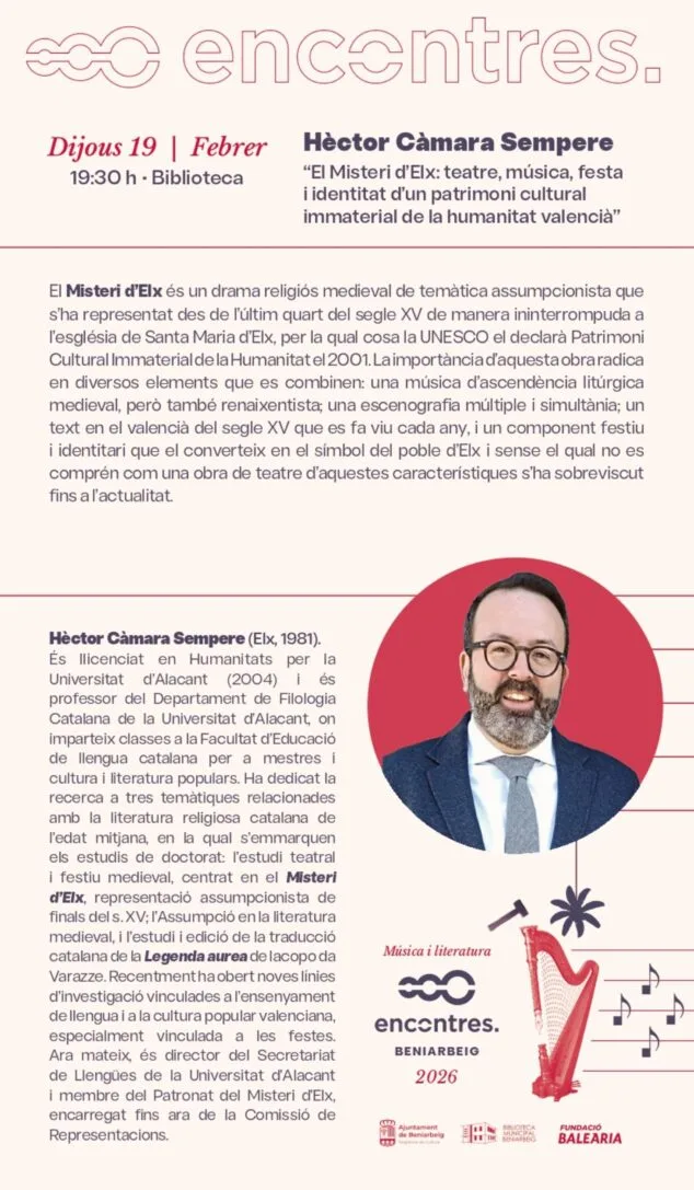 Encontres a Beniarbeig centra su edición de 2026 en la fusión entre «música y literatura» 4 Imagen: Hèctor Càmara Sempere aborda el Misteri d’Elx como patrimonio cultural inmaterial en Encontres Beniarbeig 2026