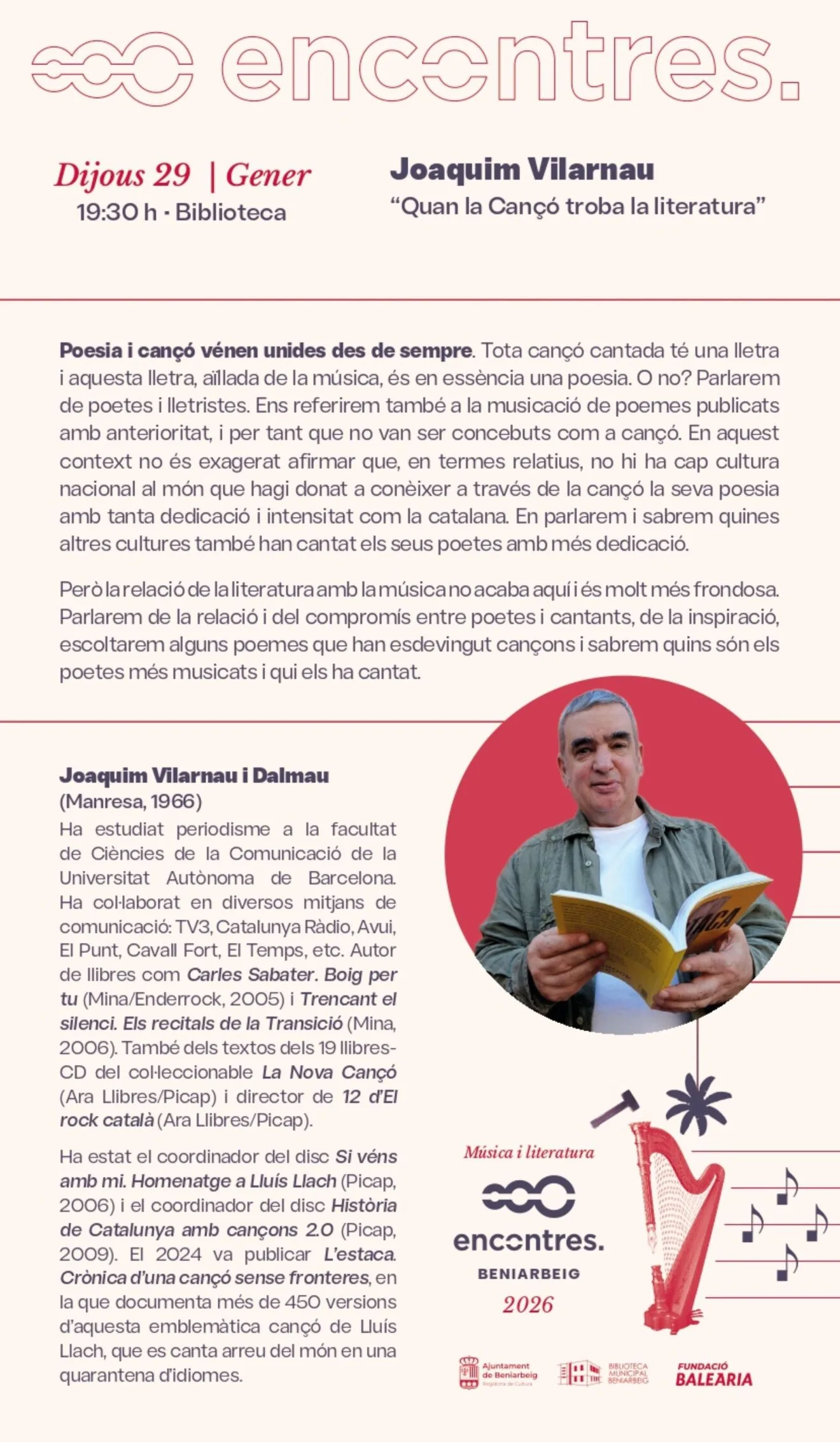 Joaquim Vilarnau ouvre les Rencontres Beniarbeig 2026 avec la conférence "Quand la chanson rencontre la littérature"